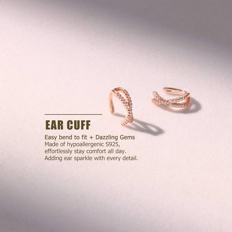Krfy 2Pcs Adjustable Ear Cuff S925 Sterling Silver Ear Cuffs Non Piercing Cuff Earrings for Women 5A Cubic Zirconia Clip On Cartilage Helix Conch Fake Earrings Hypoallergenic - Image 2